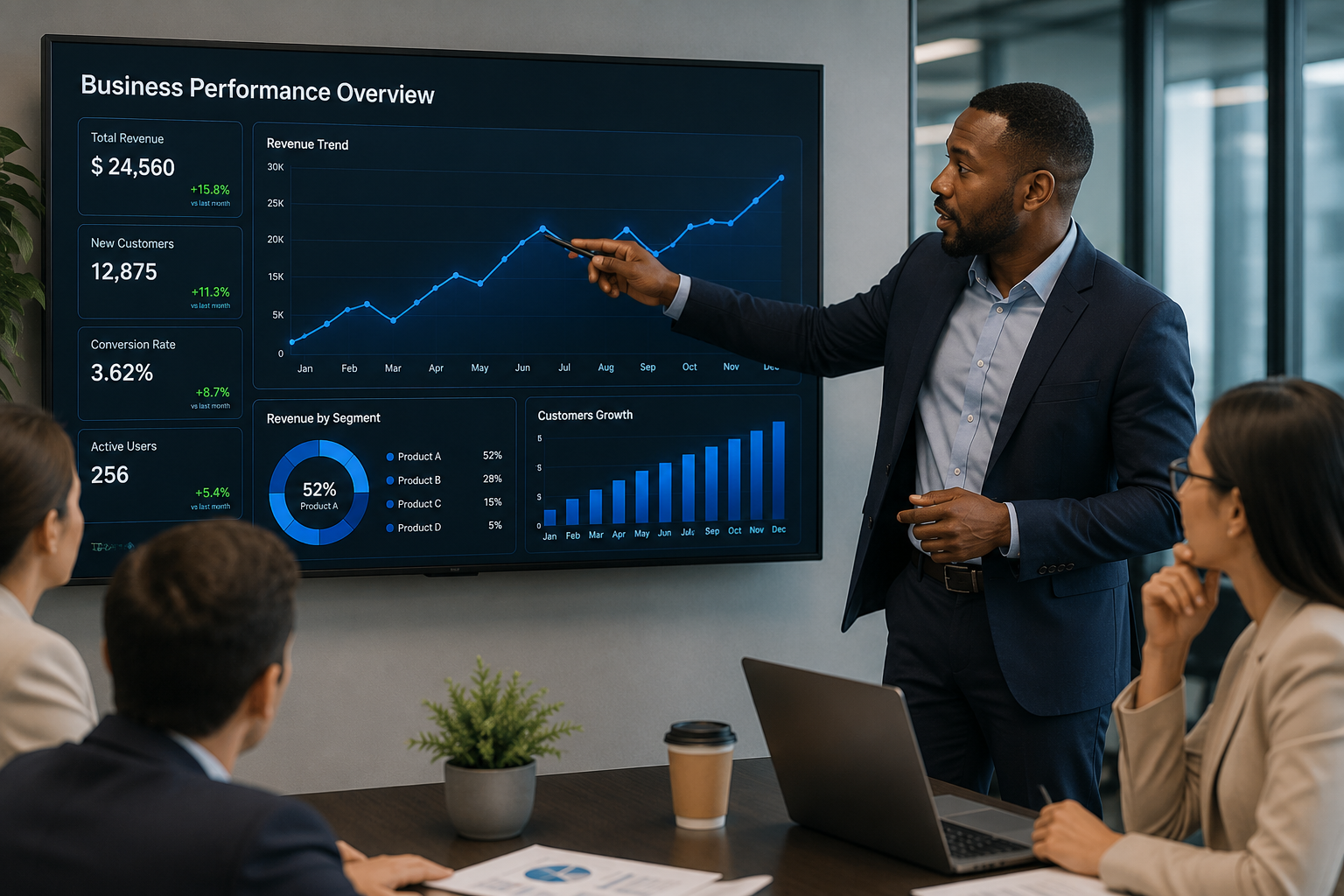 Presenter reviewing a predictive analytics dashboard with the team